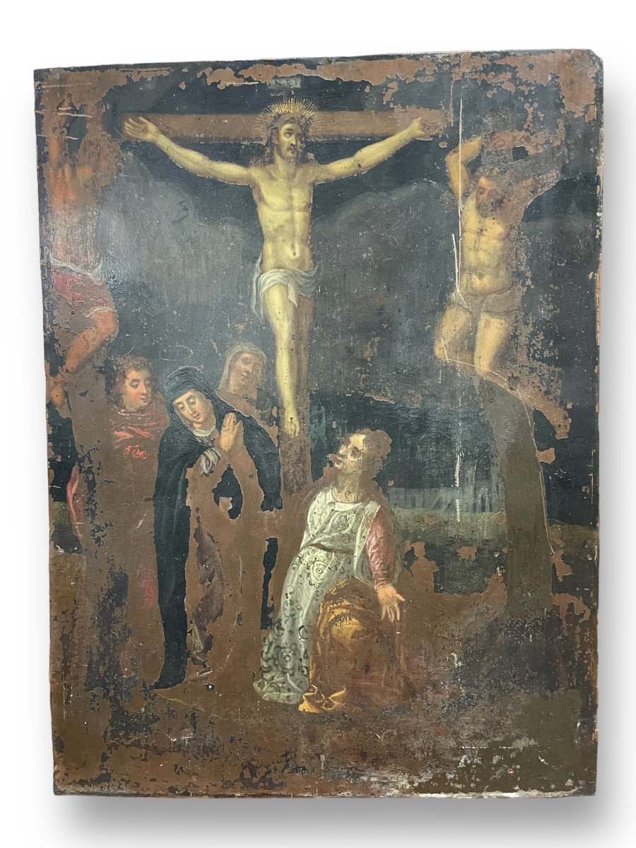 Ecole Française Du XVIIème - Crucifixion Huile Sur Cuivre